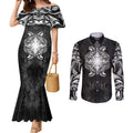 New Zealand Matariki Couples Matching Mermaid Dress and Long Sleeve Button Shirt Maori Moko Black Galaxy