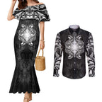 New Zealand Matariki Couples Matching Mermaid Dress and Long Sleeve Button Shirt Maori Moko Black Galaxy