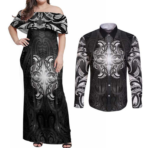 New Zealand Matariki Couples Matching Off Shoulder Maxi Dress and Long Sleeve Button Shirt Maori Moko Black Galaxy