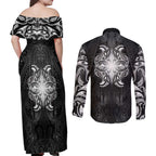 New Zealand Matariki Couples Matching Off Shoulder Maxi Dress and Long Sleeve Button Shirt Maori Moko Black Galaxy