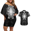 New Zealand Matariki Couples Matching Off Shoulder Short Dress and Hawaiian Shirt Maori Moko Black Galaxy