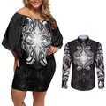 New Zealand Matariki Couples Matching Off Shoulder Short Dress and Long Sleeve Button Shirt Maori Moko Black Galaxy