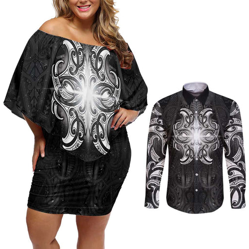 New Zealand Matariki Couples Matching Off Shoulder Short Dress and Long Sleeve Button Shirt Maori Moko Black Galaxy