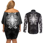 New Zealand Matariki Couples Matching Off Shoulder Short Dress and Long Sleeve Button Shirt Maori Moko Black Galaxy