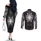 New Zealand Matariki Couples Matching Off The Shoulder Long Sleeve Dress and Long Sleeve Button Shirt Maori Moko Black Galaxy
