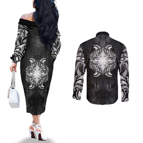 New Zealand Matariki Couples Matching Off The Shoulder Long Sleeve Dress and Long Sleeve Button Shirt Maori Moko Black Galaxy