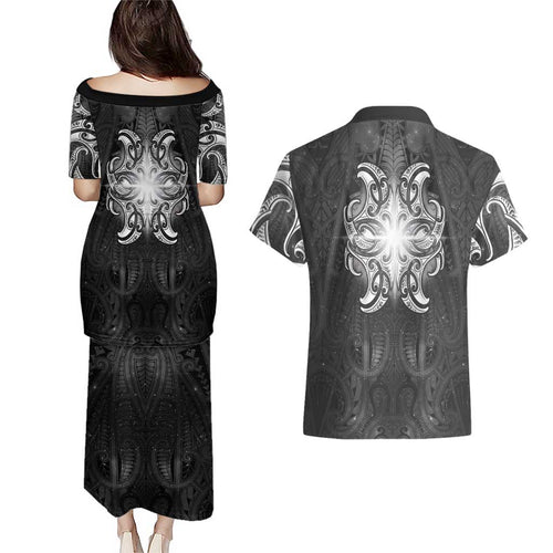 New Zealand Matariki Couples Matching Puletasi and Hawaiian Shirt Maori Moko Black Galaxy