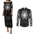New Zealand Matariki Couples Matching Puletasi and Long Sleeve Button Shirt Maori Moko Black Galaxy
