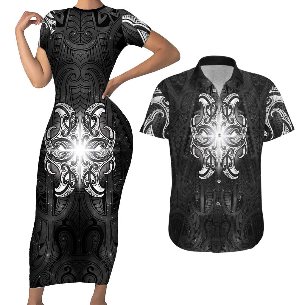 New Zealand Matariki Couples Matching Short Sleeve Bodycon Dress and Hawaiian Shirt Maori Moko Black Galaxy