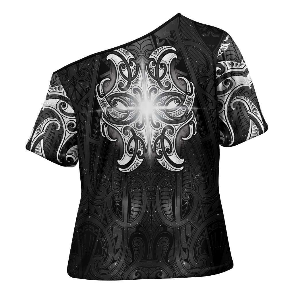 New Zealand Matariki Cross Shoulder Shirt Maori Moko Black Galaxy