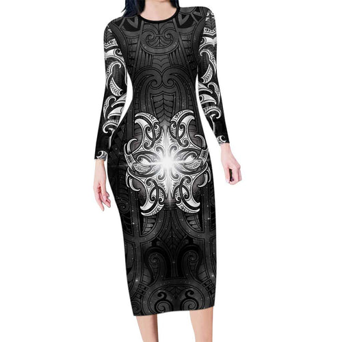 New Zealand Matariki Family Matching Long Sleeve Bodycon Dress and Hawaiian Shirt Maori Moko Black Galaxy