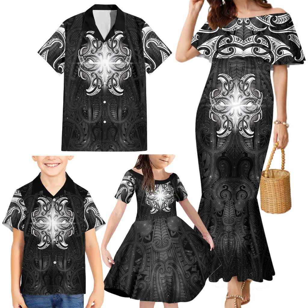 New Zealand Matariki Family Matching Mermaid Dress and Hawaiian Shirt Maori Moko Black Galaxy