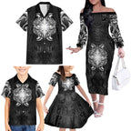 New Zealand Matariki Family Matching Off The Shoulder Long Sleeve Dress and Hawaiian Shirt Maori Moko Black Galaxy