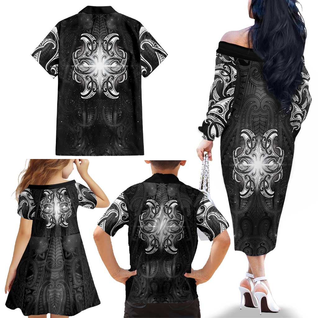 New Zealand Matariki Family Matching Off The Shoulder Long Sleeve Dress and Hawaiian Shirt Maori Moko Black Galaxy