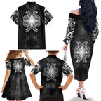 New Zealand Matariki Family Matching Off The Shoulder Long Sleeve Dress and Hawaiian Shirt Maori Moko Black Galaxy