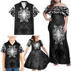 New Zealand Matariki Family Matching Off Shoulder Maxi Dress and Hawaiian Shirt Maori Moko Black Galaxy