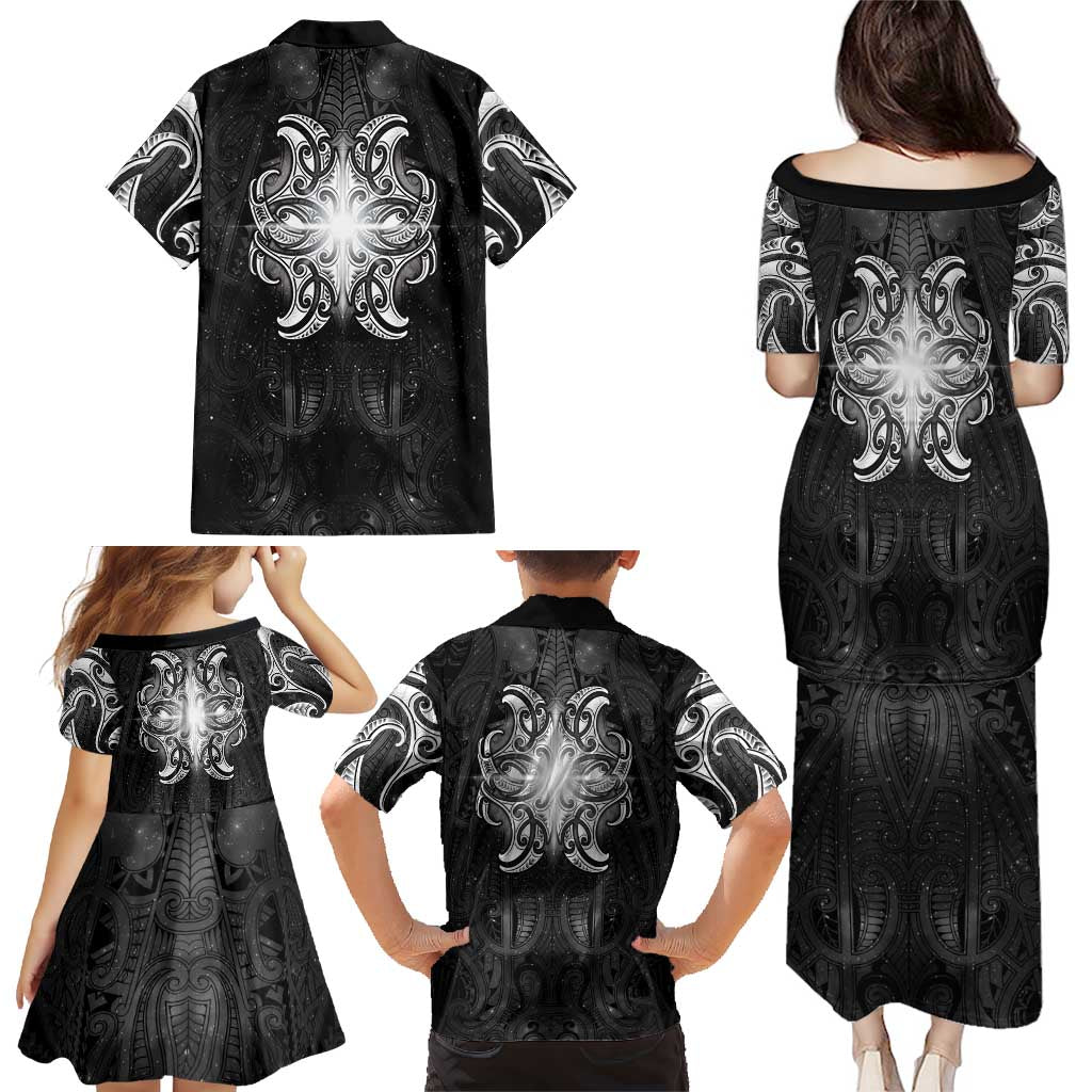 New Zealand Matariki Family Matching Puletasi and Hawaiian Shirt Maori Moko Black Galaxy