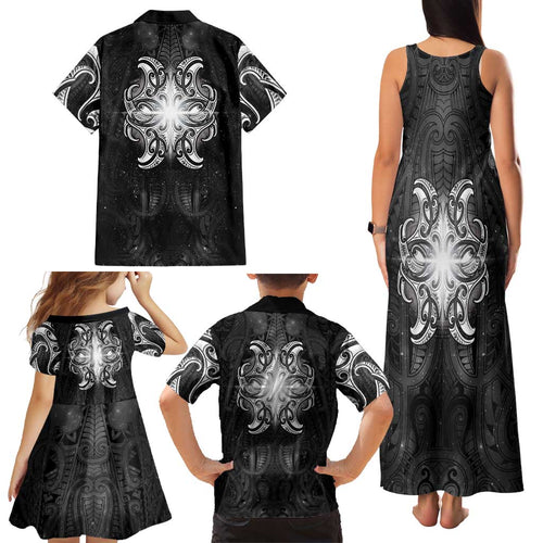 New Zealand Matariki Family Matching Tank Maxi Dress and Hawaiian Shirt Maori Moko Black Galaxy