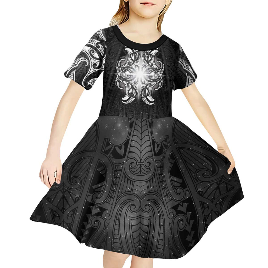 New Zealand Matariki Kid Short Sleeve Dress Maori Moko Black Galaxy