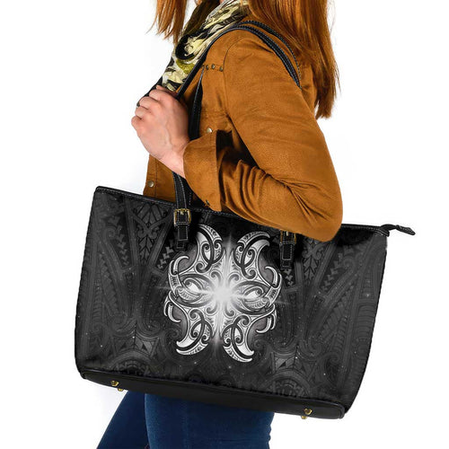 New Zealand Matariki Leather Tote Bag Maori Moko Black Galaxy