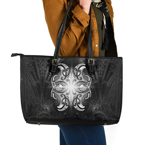 New Zealand Matariki Leather Tote Bag Maori Moko Black Galaxy