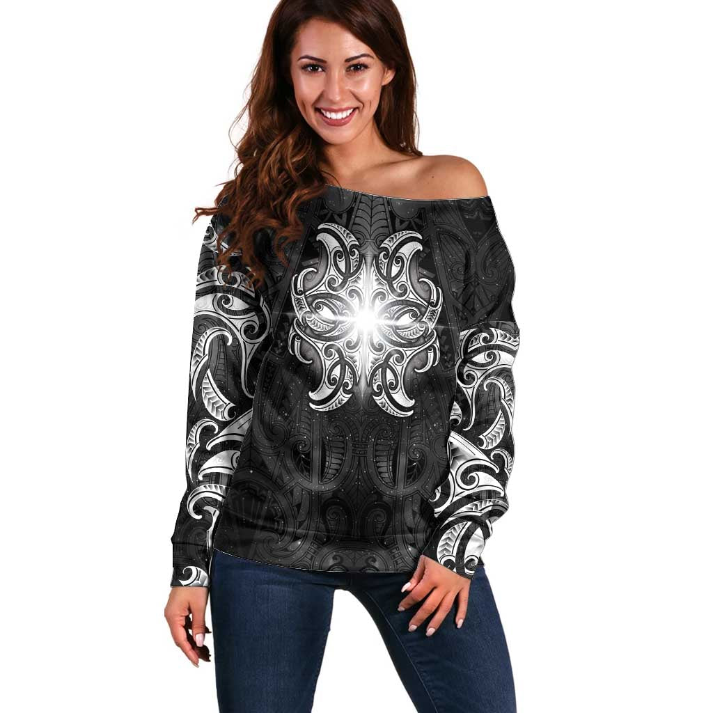New Zealand Matariki Off Shoulder Sweater Maori Moko Black Galaxy