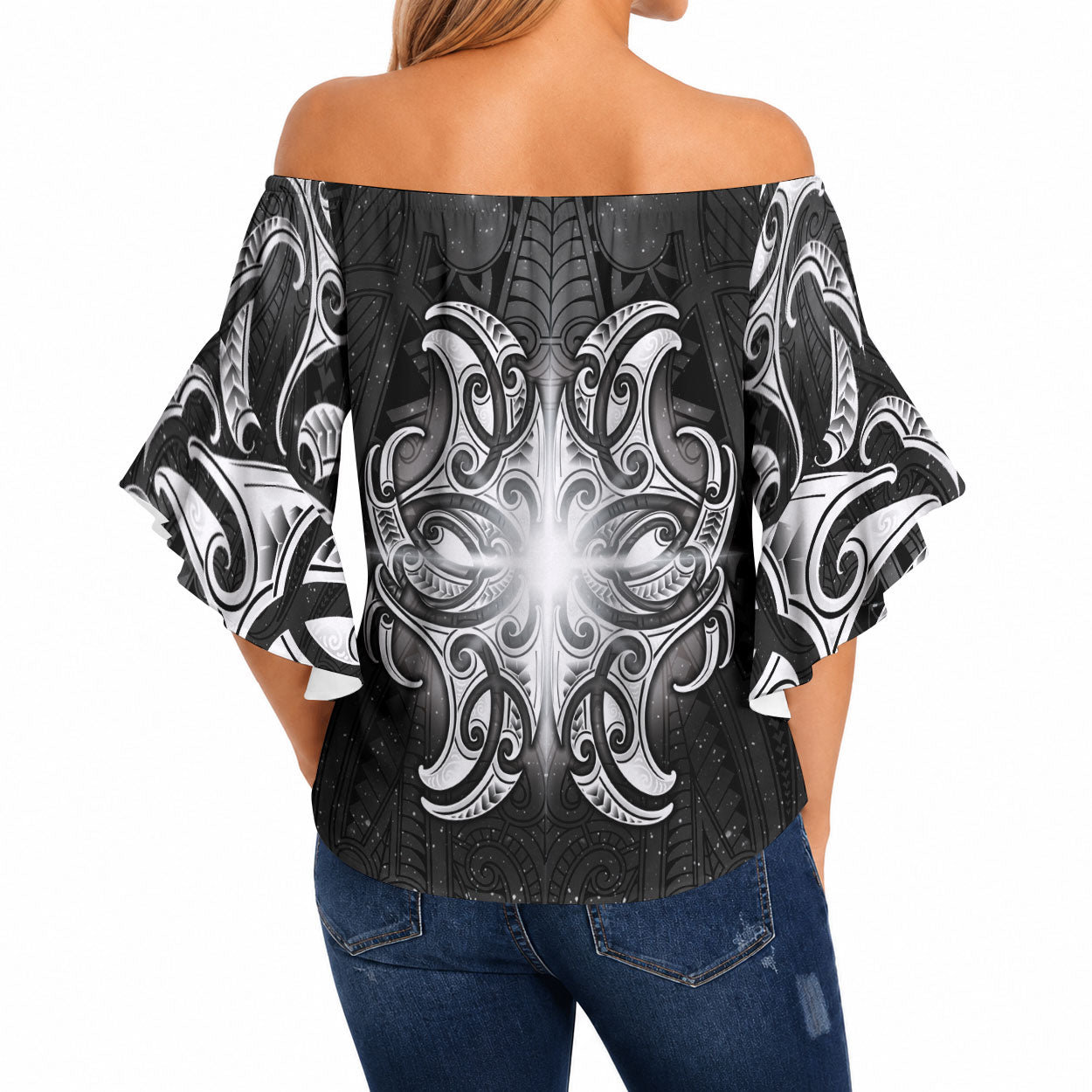 New Zealand Matariki Off Shoulder Wrap Waist Top Maori Moko Black Galaxy