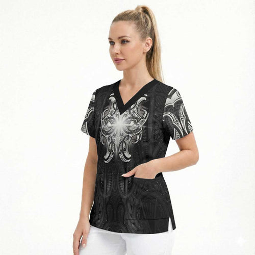 New Zealand Matariki Scrub Top Maori Moko Black Galaxy