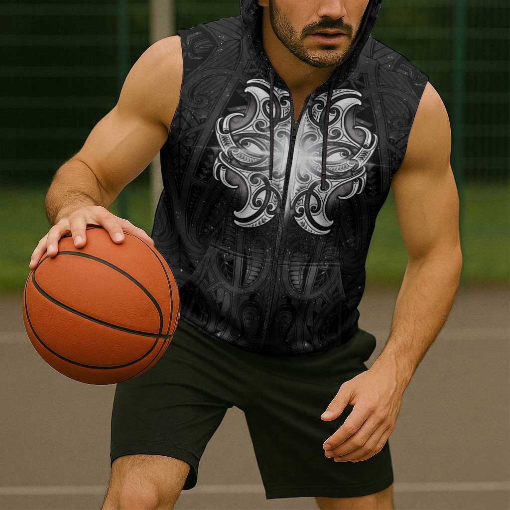 New Zealand Matariki Sleeveless Zip Hoodie Maori Moko Black Galaxy