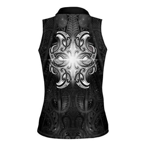 New Zealand Matariki Women Sleeveless Polo Shirt Maori Moko Black Galaxy