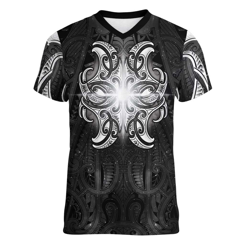 New Zealand Matariki Women V-Neck T-Shirt Maori Moko Black Galaxy