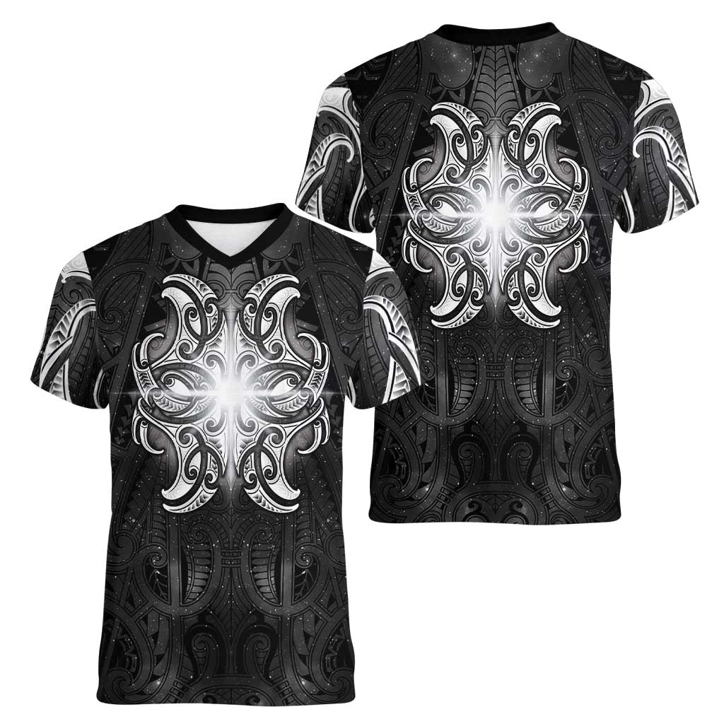 New Zealand Matariki Women V-Neck T-Shirt Maori Moko Black Galaxy