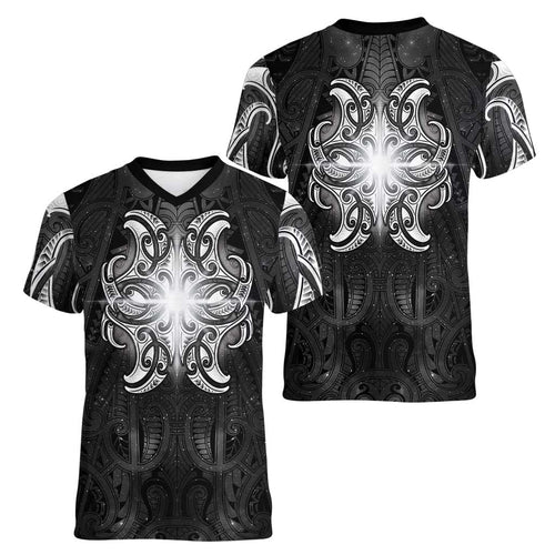 New Zealand Matariki Women V-Neck T-Shirt Maori Moko Black Galaxy