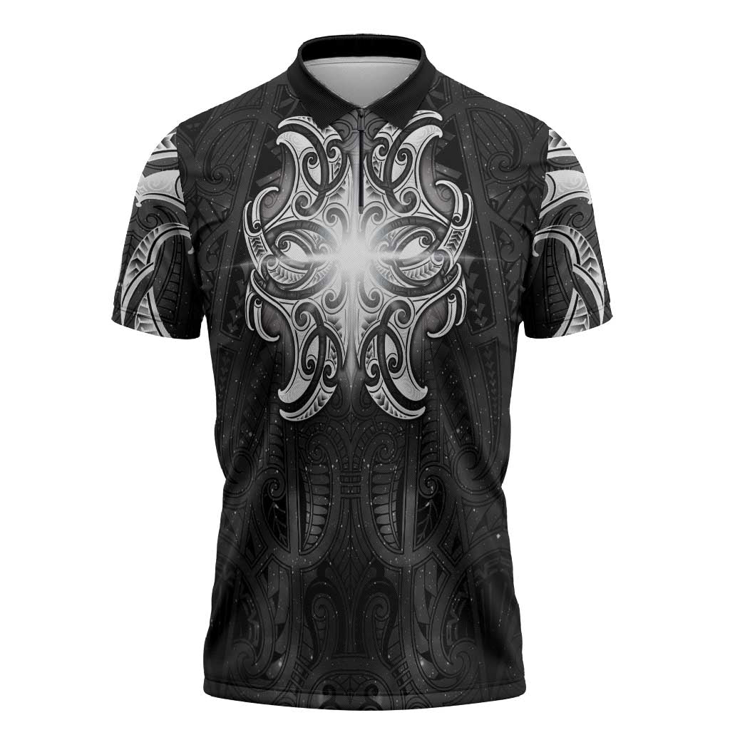 New Zealand Matariki Zipper Polo Shirt Maori Moko Black Galaxy