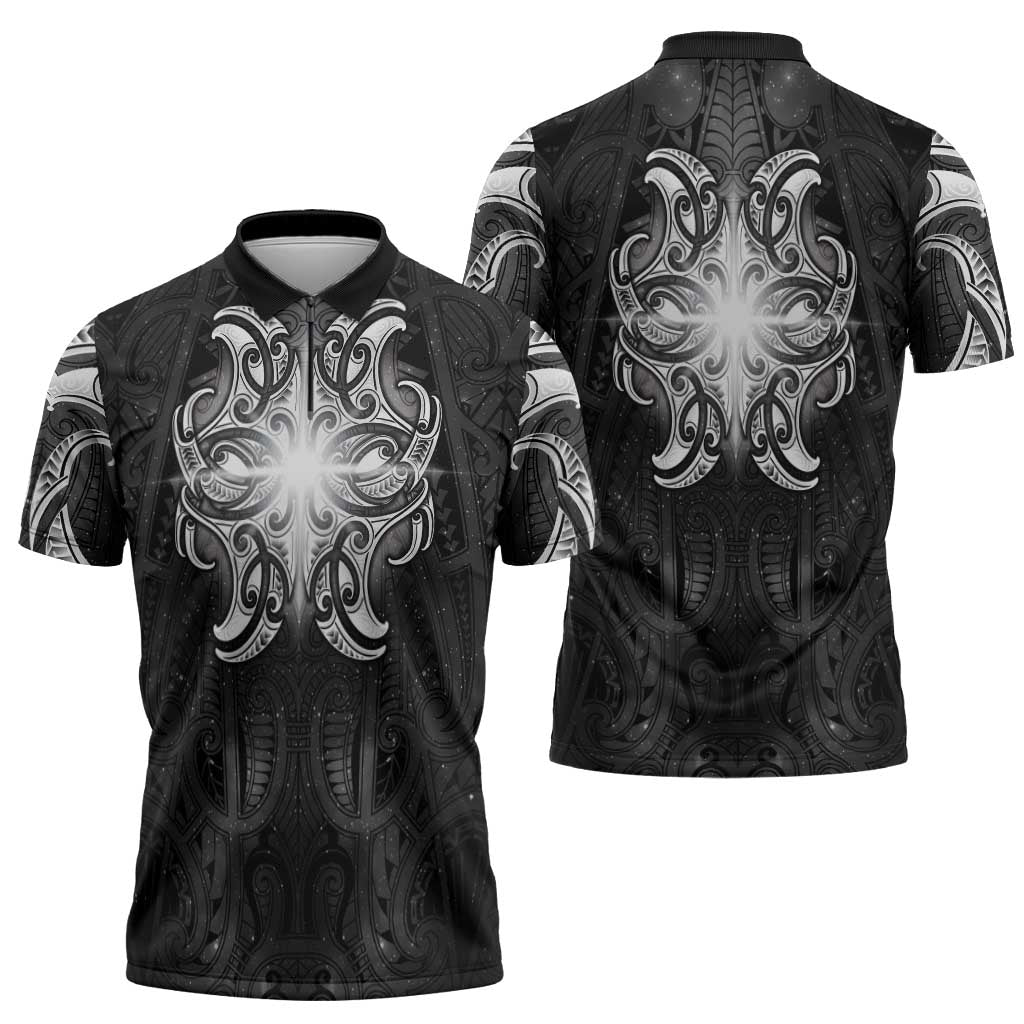 New Zealand Matariki Zipper Polo Shirt Maori Moko Black Galaxy