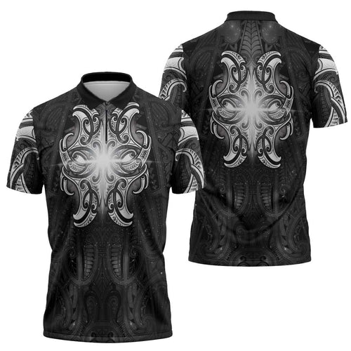 New Zealand Matariki Zipper Polo Shirt Maori Moko Black Galaxy