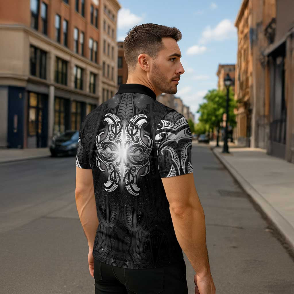 New Zealand Matariki Zipper Polo Shirt Maori Moko Black Galaxy