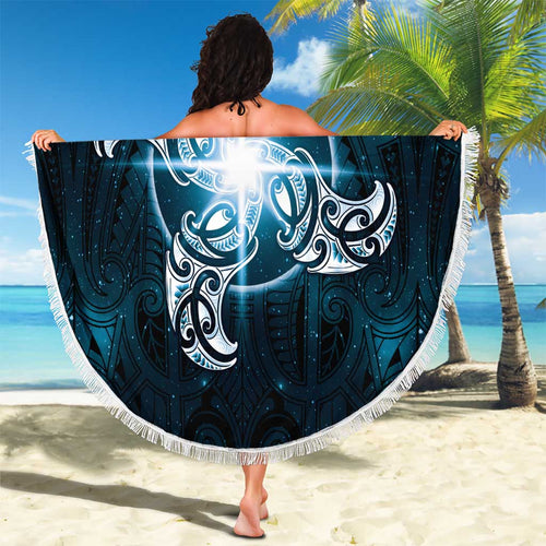 New Zealand Matariki Waita Beach Blanket Maori Moko Dark Blue Galaxy
