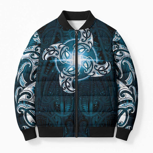 New Zealand Matariki Waita Bomber Puffer Jacket Maori Moko Dark Blue Galaxy