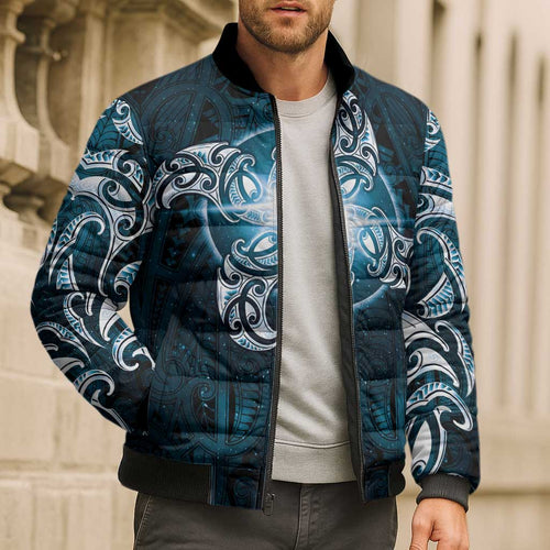 New Zealand Matariki Waita Bomber Puffer Jacket Maori Moko Dark Blue Galaxy