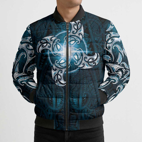 New Zealand Matariki Waita Bomber Puffer Jacket Maori Moko Dark Blue Galaxy