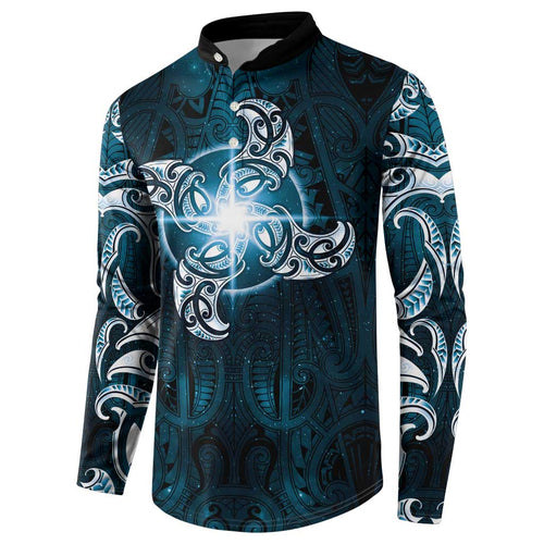 New Zealand Matariki Waita Button Sweatshirt Maori Moko Dark Blue Galaxy