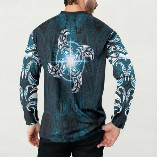 New Zealand Matariki Waita Button Sweatshirt Maori Moko Dark Blue Galaxy
