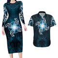 New Zealand Matariki Waita Couples Matching Long Sleeve Bodycon Dress and Hawaiian Shirt Maori Moko Dark Blue Galaxy