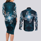 New Zealand Matariki Waita Couples Matching Long Sleeve Bodycon Dress and Long Sleeve Button Shirt Maori Moko Dark Blue Galaxy