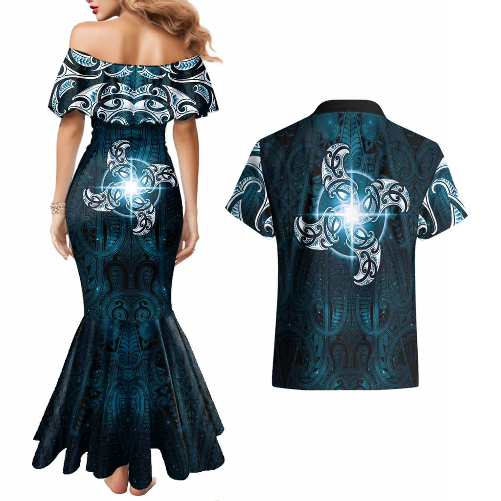 New Zealand Matariki Waita Couples Matching Mermaid Dress and Hawaiian Shirt Maori Moko Dark Blue Galaxy