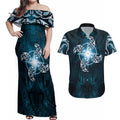 New Zealand Matariki Waita Couples Matching Off Shoulder Maxi Dress and Hawaiian Shirt Maori Moko Dark Blue Galaxy