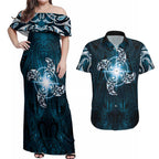 New Zealand Matariki Waita Couples Matching Off Shoulder Maxi Dress and Hawaiian Shirt Maori Moko Dark Blue Galaxy