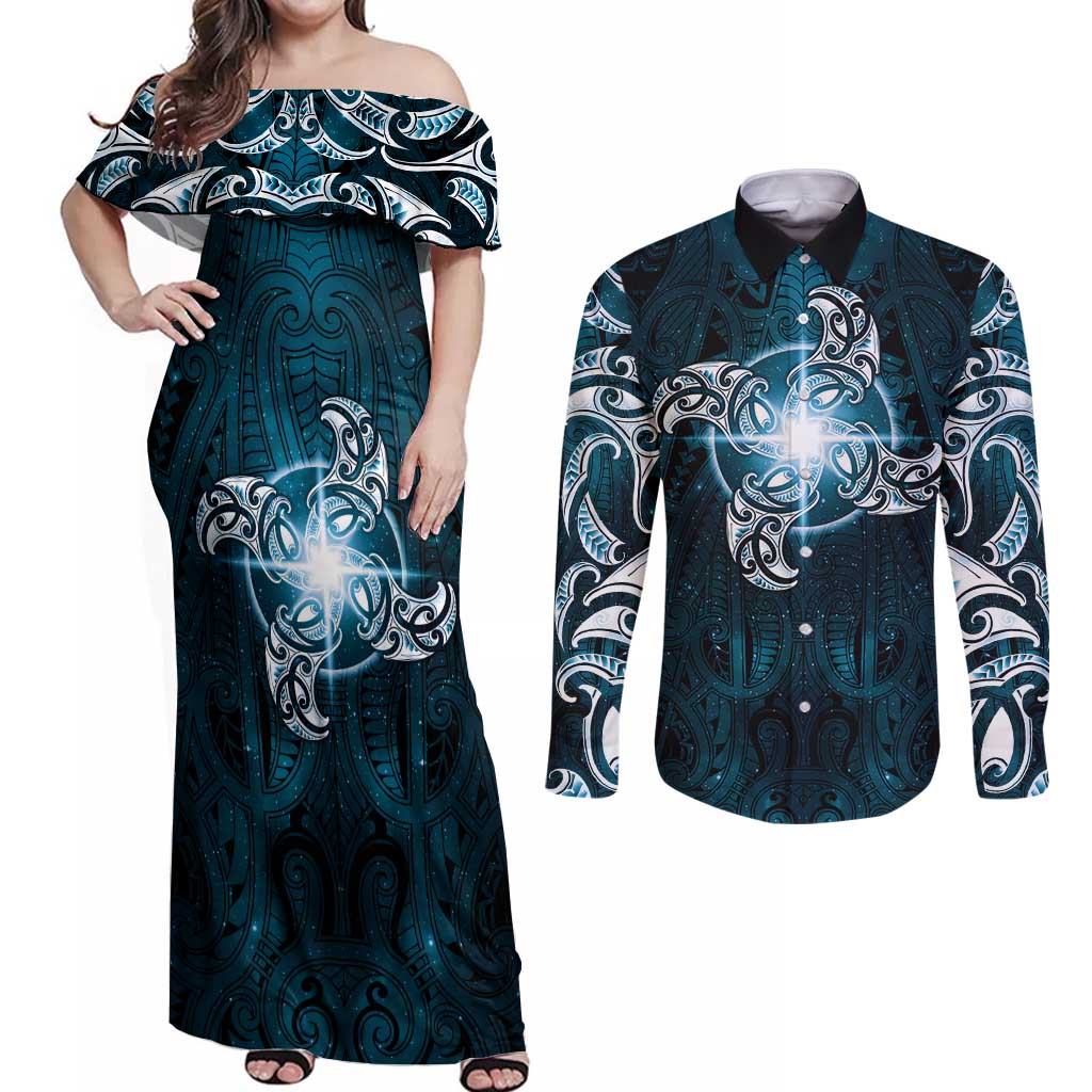 New Zealand Matariki Waita Couples Matching Off Shoulder Maxi Dress and Long Sleeve Button Shirt Maori Moko Dark Blue Galaxy