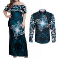 New Zealand Matariki Waita Couples Matching Off Shoulder Maxi Dress and Long Sleeve Button Shirt Maori Moko Dark Blue Galaxy